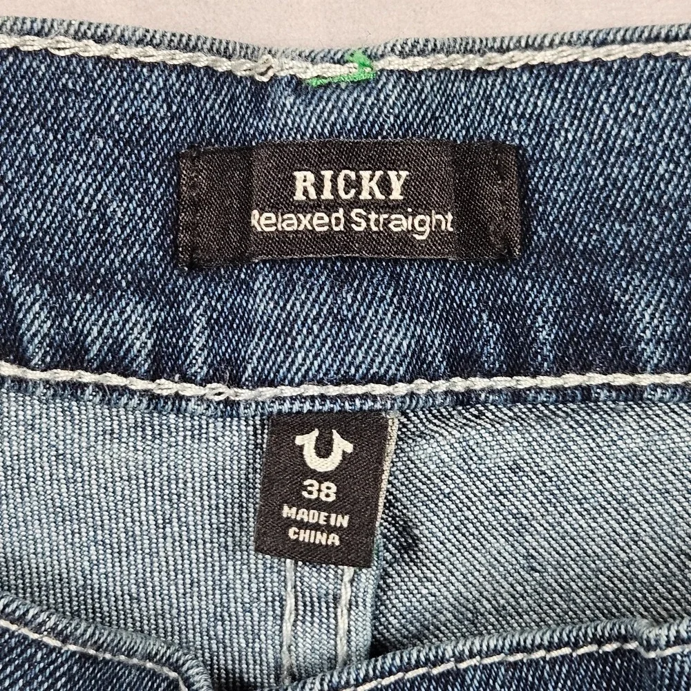 NEW True Religion Ricky Relaxed Straight Jeans Mens 38x34 Dark Wash Flap Pockets